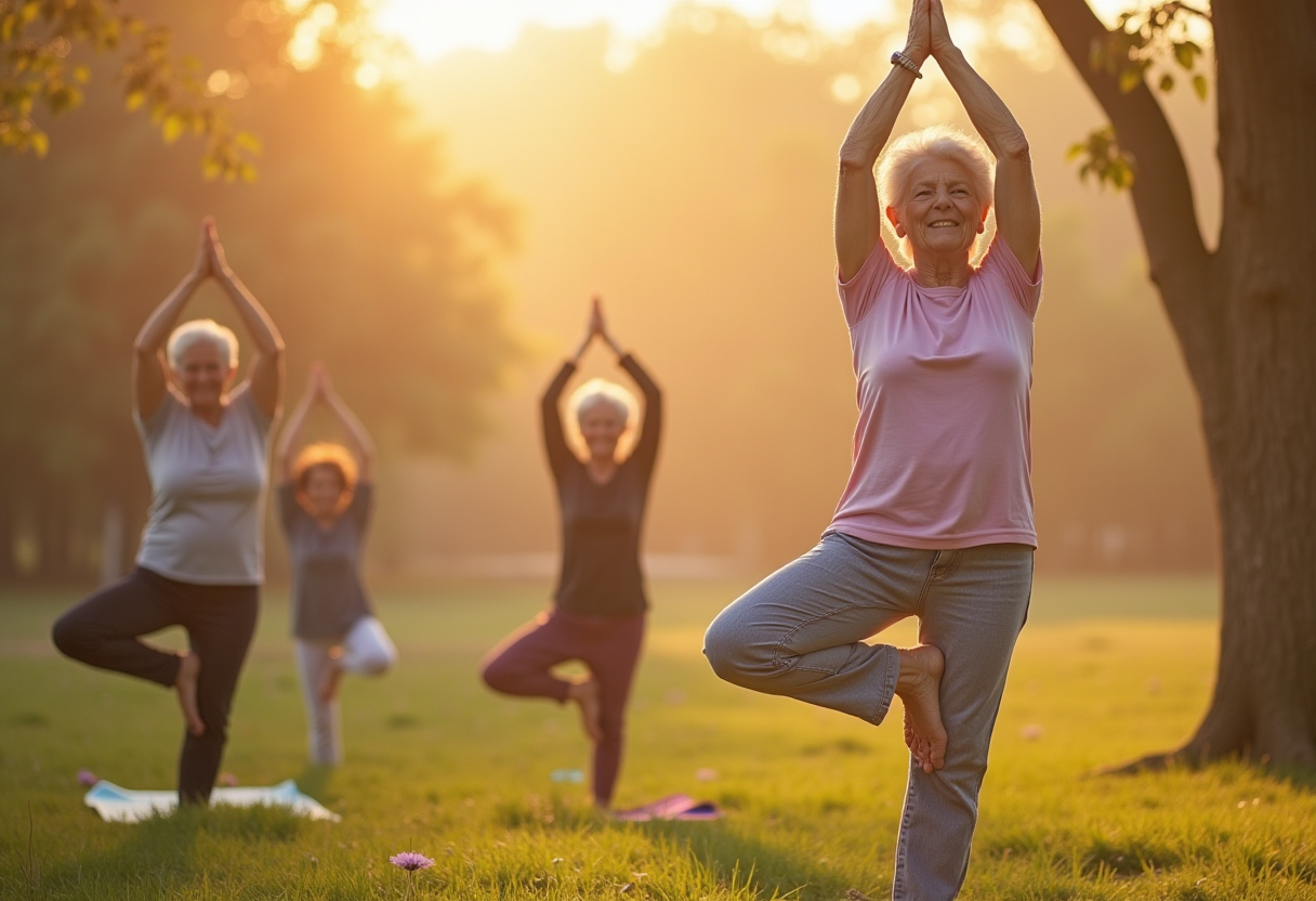 Медитація у природі - людина зрілого віку практикує йогу на заході сонця